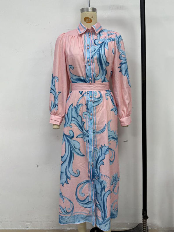 Vintage-Inspired Fashion Print Belted Dress – Flowy Fit & Long Sleeves
