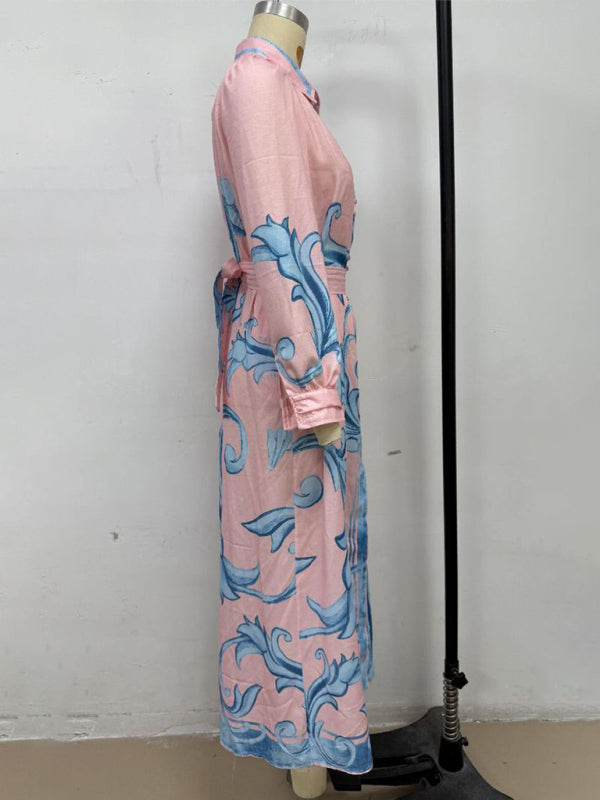 Vintage-Inspired Fashion Print Belted Dress – Flowy Fit & Long Sleeves
