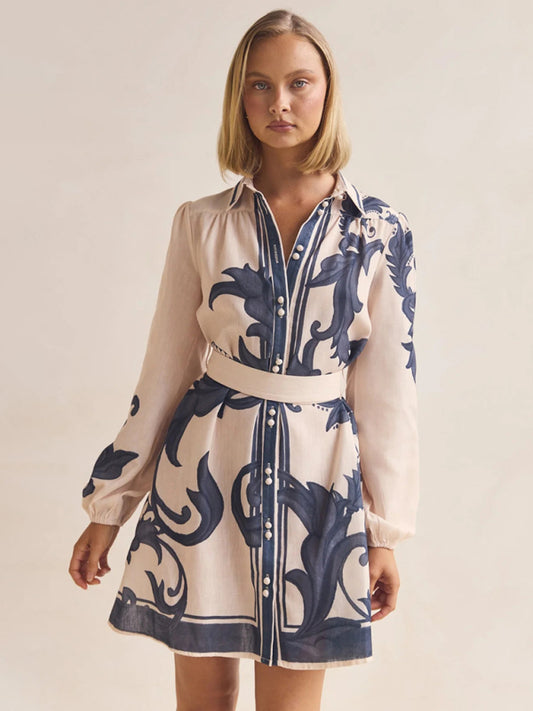 Floral Belted Retro Midi Dress – Short Sleeves, No-Stretch, Daily Fit