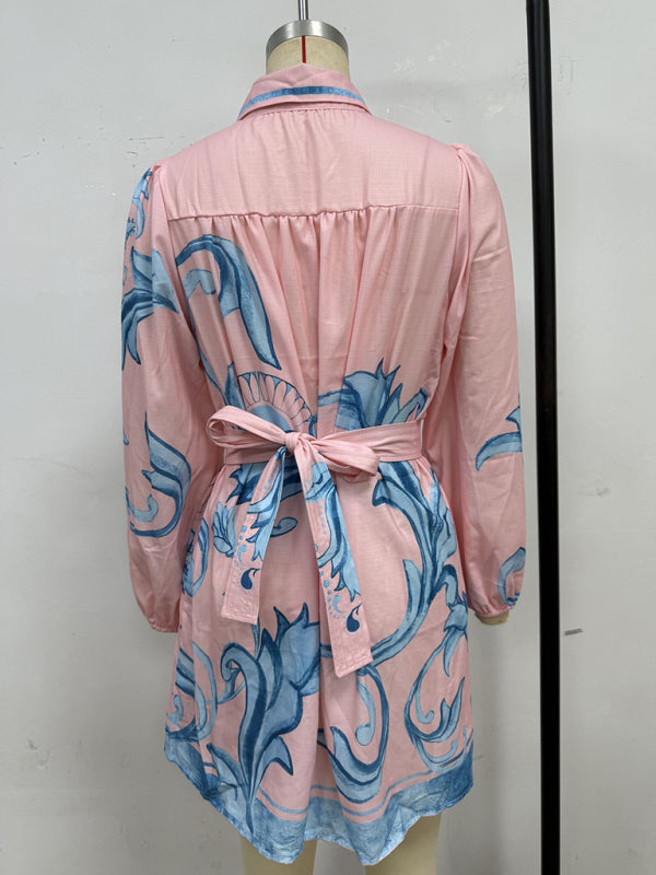 Floral Belted Retro Midi Dress – Short Sleeves, No-Stretch, Daily Fit