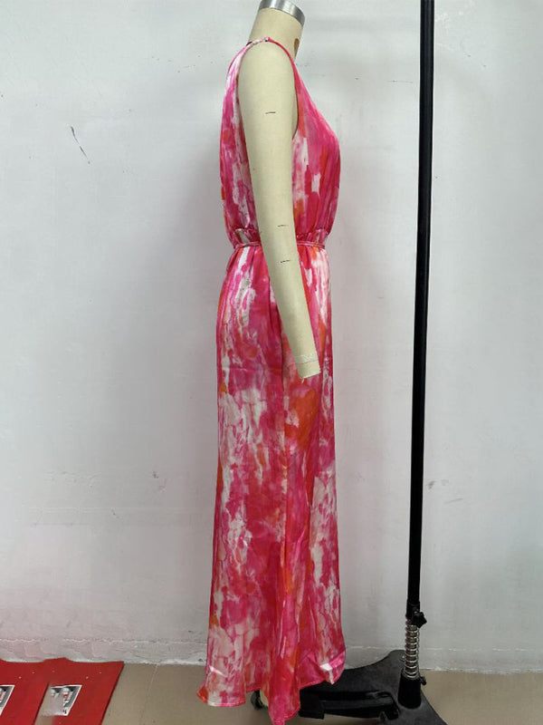 Rose Red Sleeveless Vacation Dress with Slit Hem – Lightweight Woven Style