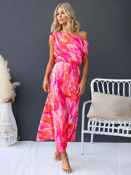Rose Red Sleeveless Vacation Dress with Slit Hem – Lightweight Woven Style