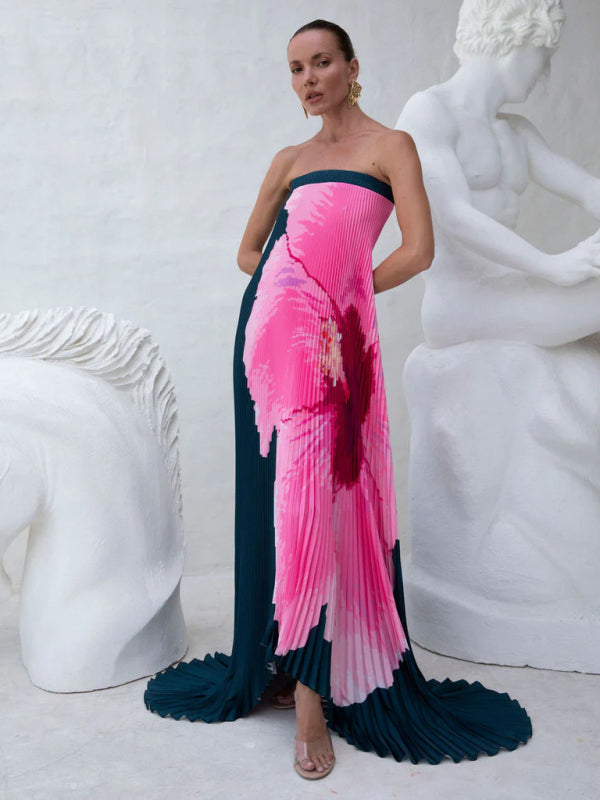 Pleated Printed Bandeau Swing Dress – Flowy Vacation Maxi in Spearmint or Black