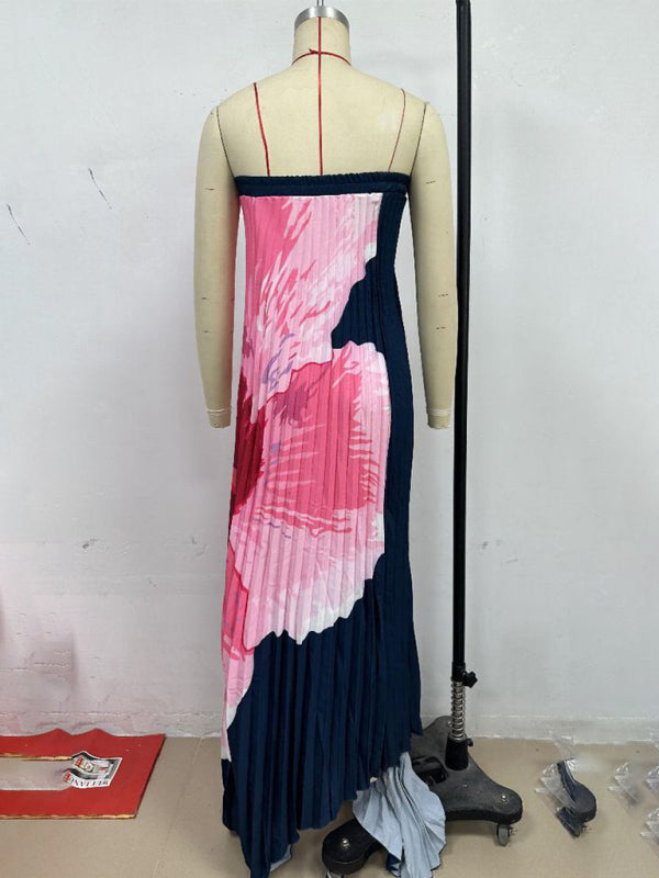 Pleated Printed Bandeau Swing Dress – Flowy Vacation Maxi in Spearmint or Black