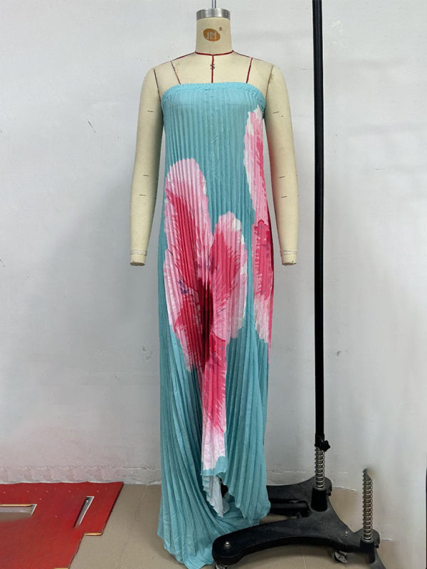 Pleated Printed Bandeau Swing Dress – Flowy Vacation Maxi in Spearmint or Black