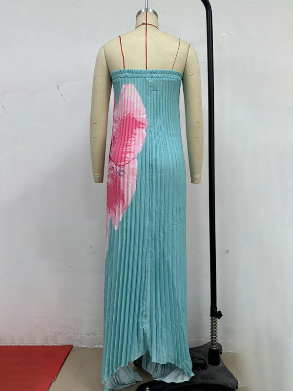 Pleated Printed Bandeau Swing Dress – Flowy Vacation Maxi in Spearmint or Black