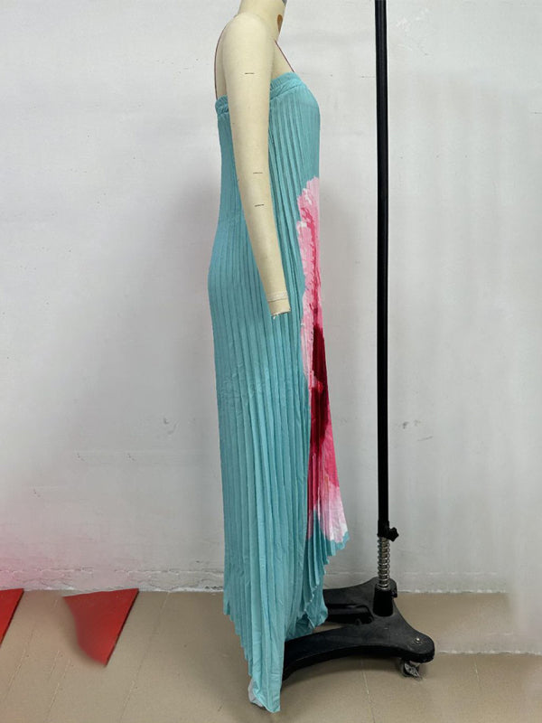 Pleated Printed Bandeau Swing Dress – Flowy Vacation Maxi in Spearmint or Black