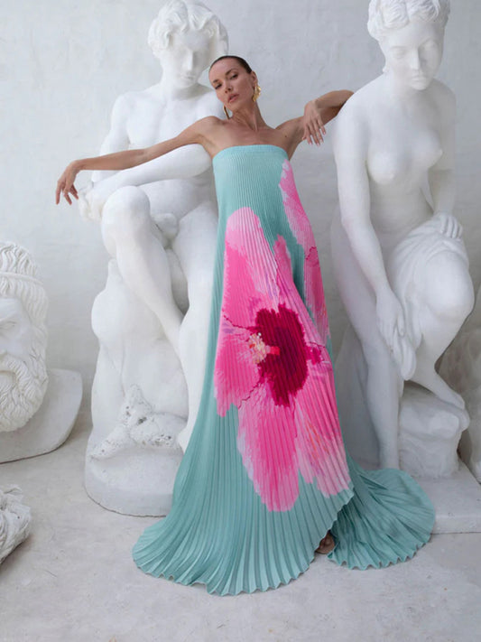 Pleated Printed Bandeau Swing Dress – Flowy Vacation Maxi in Spearmint or Black