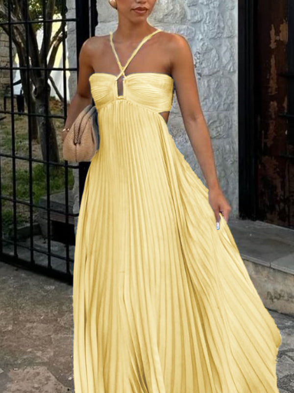 Yellow Pleated Bandeau Maxi Dress – Strapless Vacation Sundress