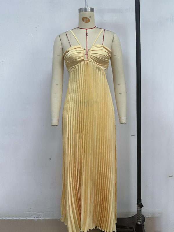 Yellow Pleated Bandeau Maxi Dress – Strapless Vacation Sundress