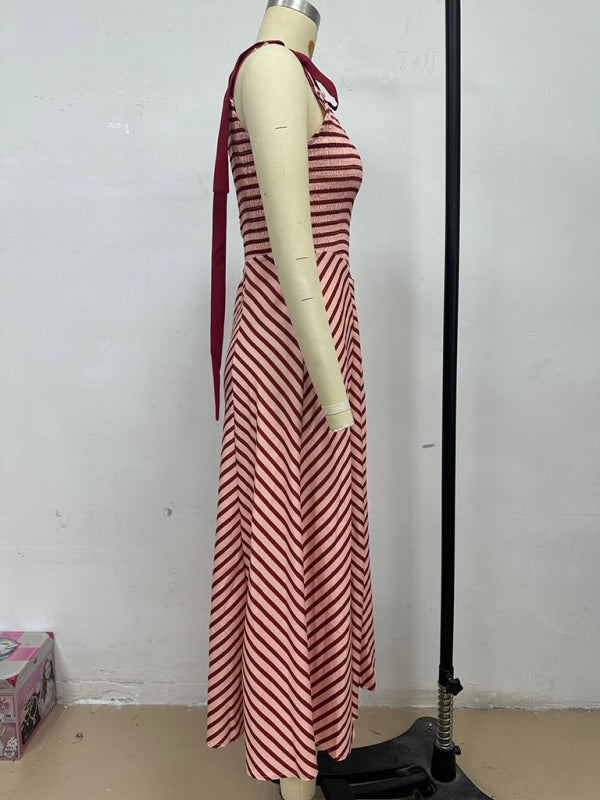 Dark Brown Striped Backless Lace-Up Vacation Dress