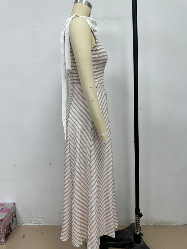 Misty Grey Striped Backless Lace-Up V-Neck Vacation Dress – Low-Cut & Flowy