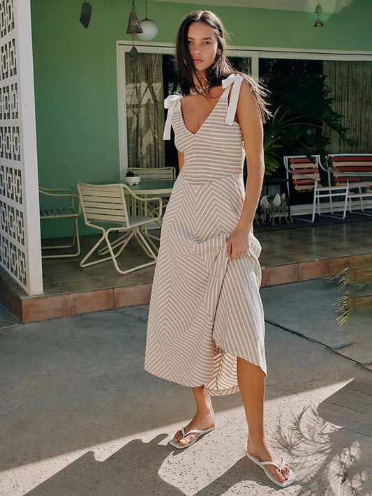 Misty Grey Striped Backless Lace-Up V-Neck Vacation Dress – Low-Cut & Flowy