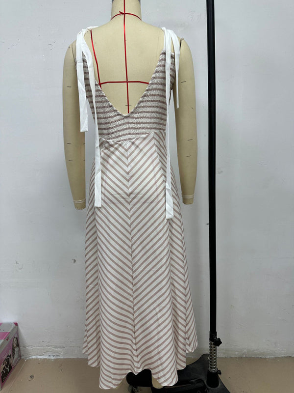 Misty Grey Striped Backless Lace-Up V-Neck Vacation Dress – Low-Cut & Flowy