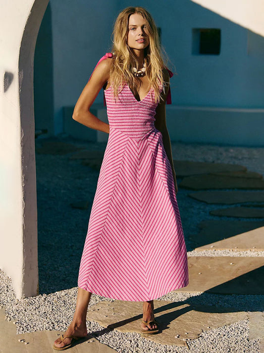Rose Red Striped Low-Cut Backless Vacation Dress – Lace-Up V-Neck