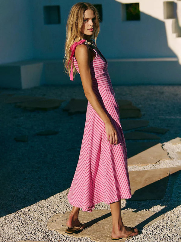 Rose Red Striped Low-Cut Backless Vacation Dress – Lace-Up V-Neck