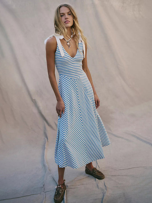 Light Blue Striped Backless Lace-Up V-Neck Vacation Dress – Low-Cut, Flowy Fit
