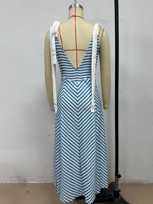 Light Blue Striped Backless Lace-Up V-Neck Vacation Dress – Low-Cut, Flowy Fit