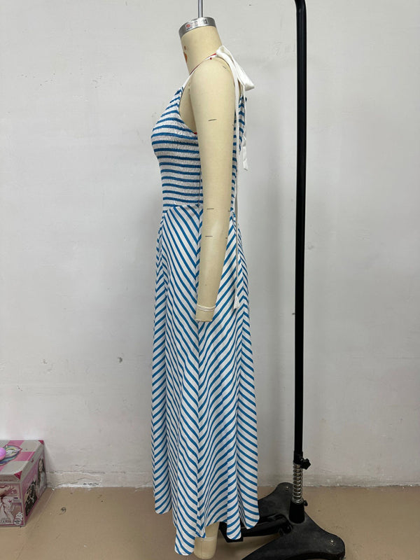 Light Blue Striped Backless Lace-Up V-Neck Vacation Dress – Low-Cut, Flowy Fit