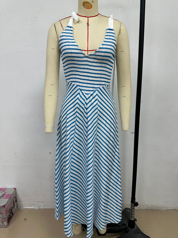 Light Blue Striped Backless Lace-Up V-Neck Vacation Dress – Low-Cut, Flowy Fit