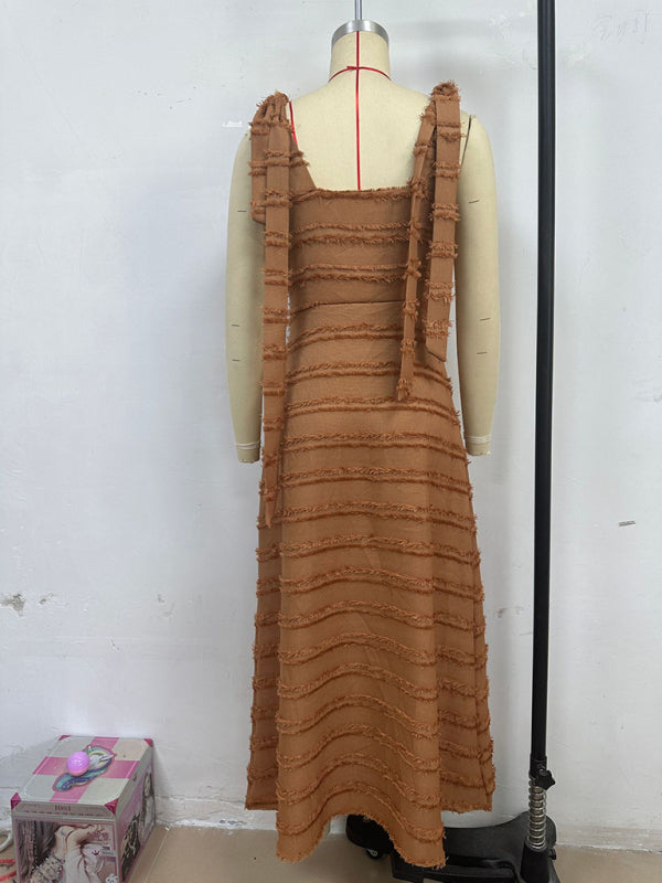 Elegant V-Neck Textured Midi Dress – Autumn-Winter Daily Wear