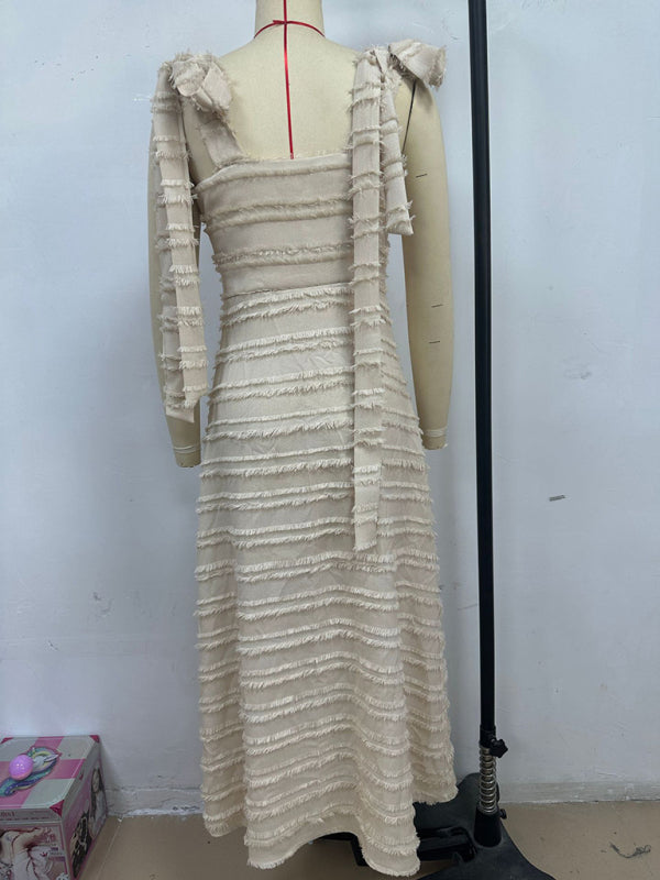 Elegant V-Neck Textured Midi Dress – Autumn-Winter Daily Wear