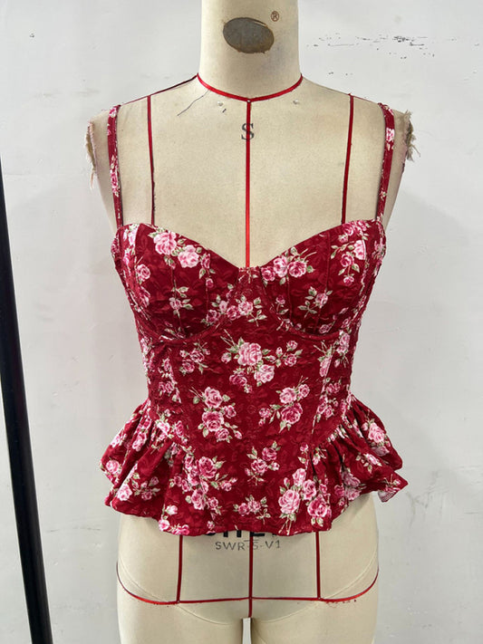 Floral irregular ruffled light sexy backless lace-up top
