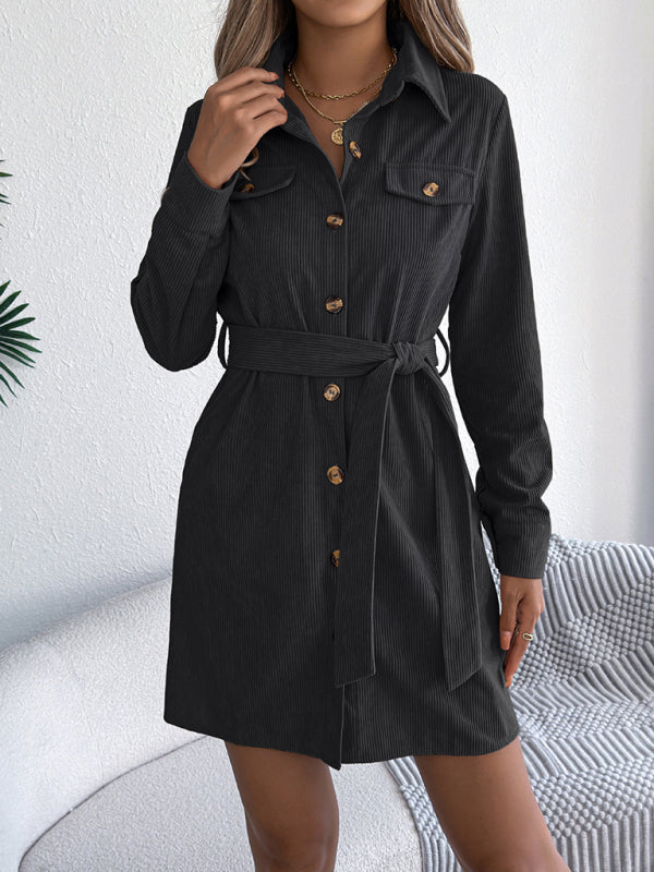 Corduroy Shirt Dress – Long-Sleeve, Button-Front, Tie Waist, Solid Color