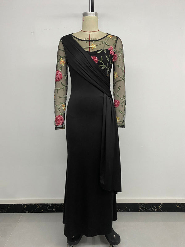 Round Neck Mesh Embroidered Long Sleeve Midi Dress – Elegant Daily Wear