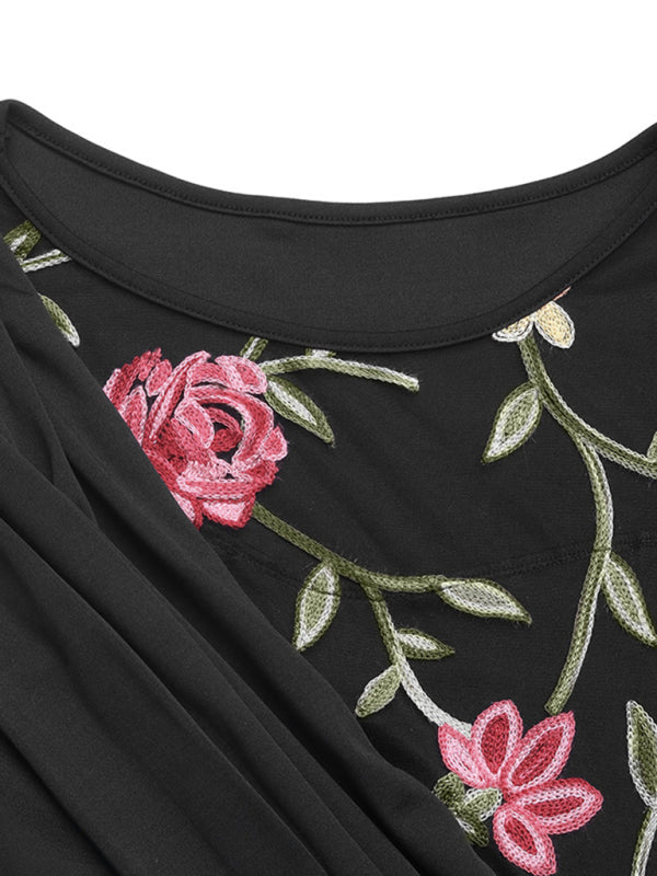 Round Neck Mesh Embroidered Long Sleeve Midi Dress – Elegant Daily Wear