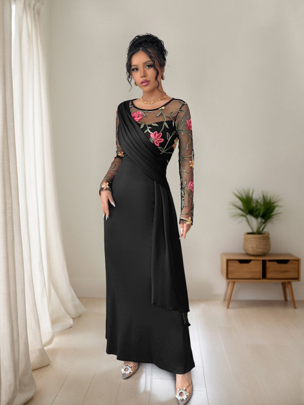 Round Neck Mesh Embroidered Long Sleeve Midi Dress – Elegant Daily Wear
