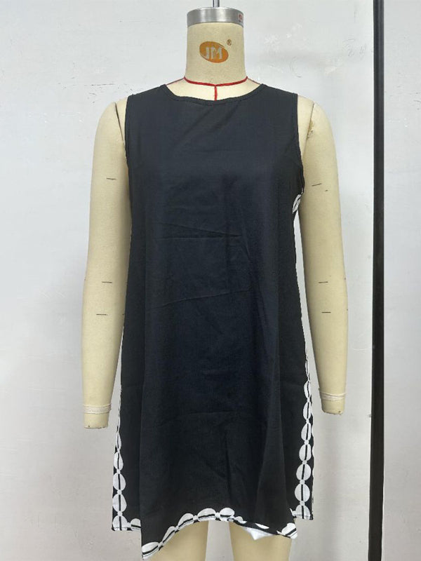 Black Round Neck Printed Short Dress – Lightweight Spring-Summer Daily Wear