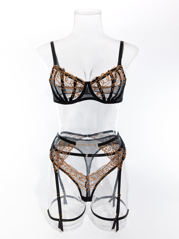 Lace Transparent Underwear Set with Gold Embroidery – Sheer, Sexy & Elegant
