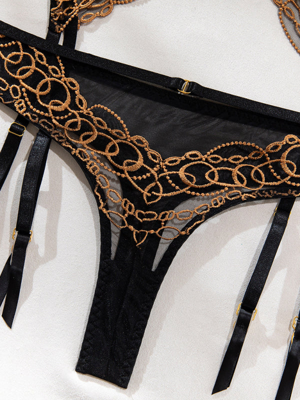 Lace Transparent Underwear Set with Gold Embroidery – Sheer, Sexy & Elegant