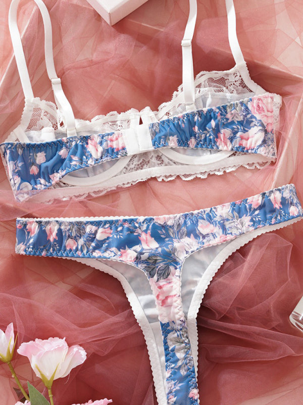 Lace Patchwork Floral Lingerie Set – High Stretch, Sexy Fit, All-Season Wear