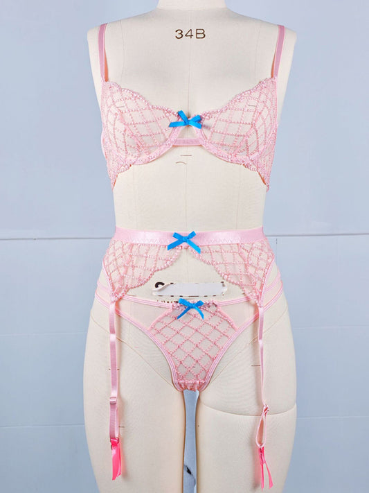 Sheer Lace Bow Embroidered Bra & Panty Three-Piece Lingerie Set