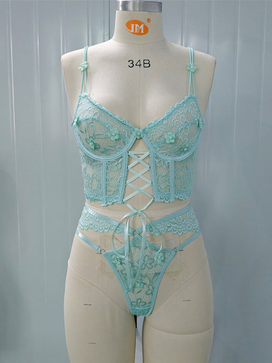 Lace Lingerie Set with Beaded 3D Floral Embellishments – Sheer & Sexy