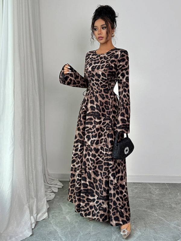 Leopard Print Long Sleeve Midi Dress – Woven Fabric, Four-Season Style