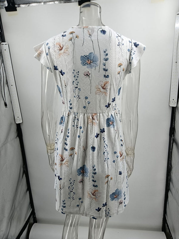 Floral V-Neck Lace Short Dress – Stretch Fit, Casual Spring Style