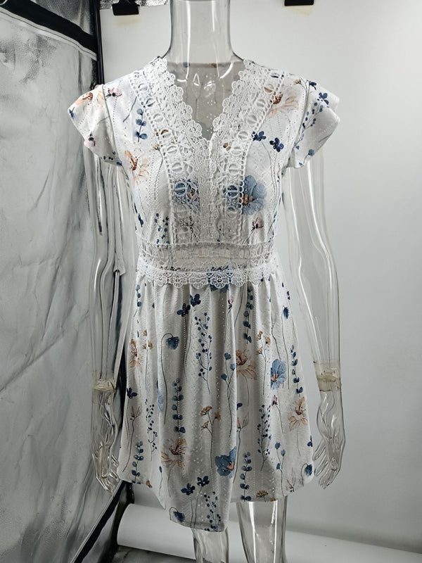 Floral V-Neck Lace Short Dress – Stretch Fit, Casual Spring Style