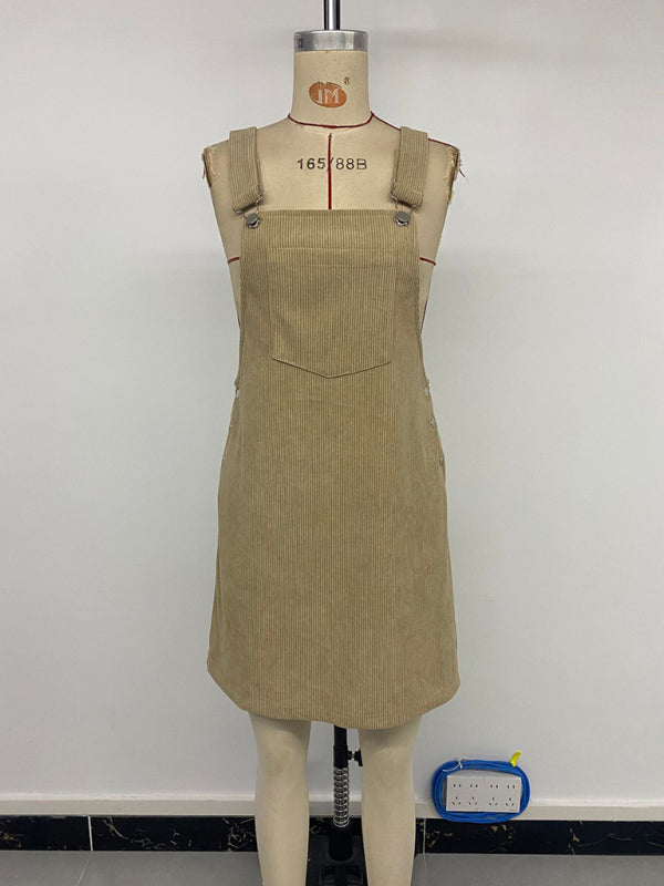 Corduroy Pocket Suspender Dress – Khaki Casual Midi for Autumn & Winter