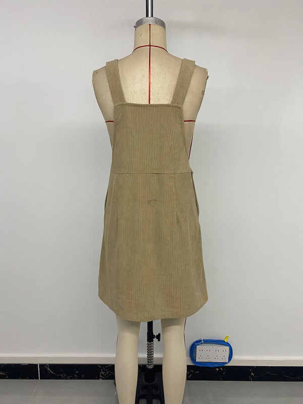 Corduroy Pocket Suspender Dress – Khaki Casual Midi for Autumn & Winter