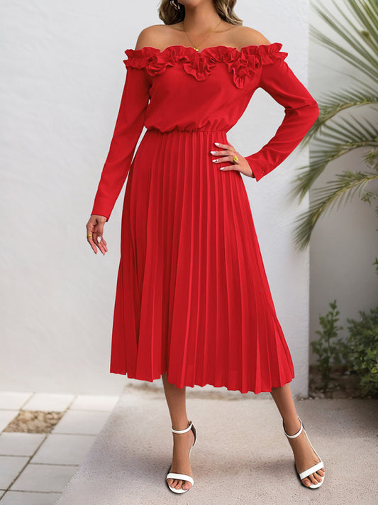 Elegant One-Shoulder Long Sleeve Dress – Solid Red, Sweet Style for Parties