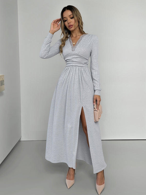Misty Grey V-Neck Long Sleeve Knit Dress with Side Slit – Autumn Leisure Fit