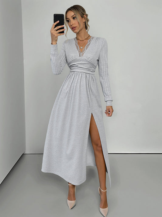 Misty Grey V-Neck Long Sleeve Knit Dress with Side Slit – Autumn Leisure Fit