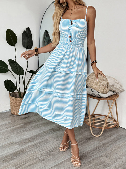 Striped Sleeveless Tie-Back Midi Dress – Square Neck Holiday Style