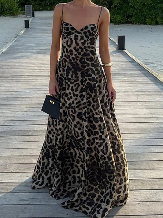 Leopard Print Sling Maxi Dress – Woven Sleeveless Spring-Summer Fit