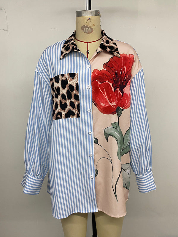 Striped Patchwork Holiday Shirt – Casual Long Sleeve