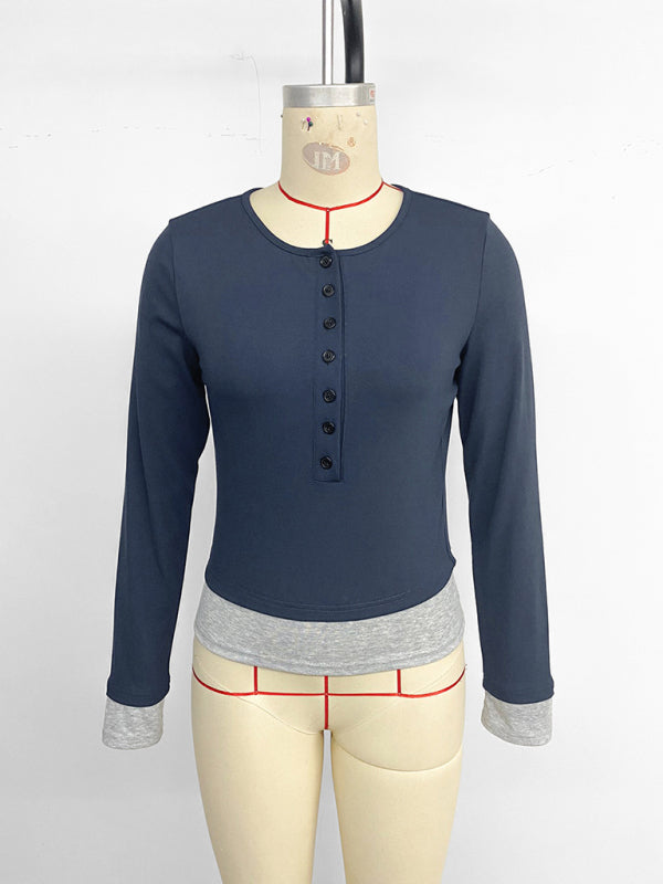 Slim Fit Colorblock Round Neck Long Sleeve Top