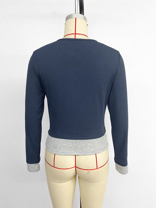 Slim Fit Colorblock Round Neck Long Sleeve Top